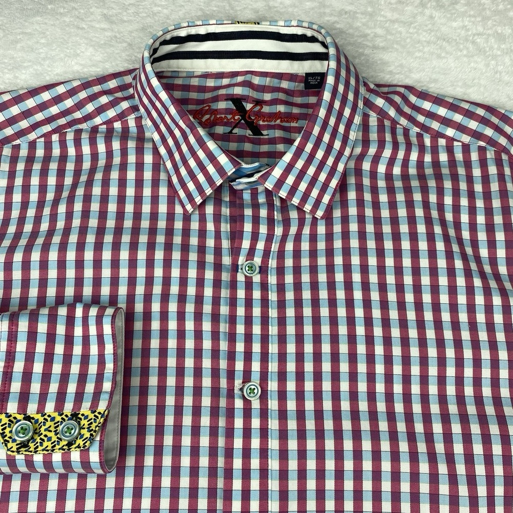 Robert Graham X Shirt Mens XL Mauve/Blue Checks Regular Fit Contrasting Trim